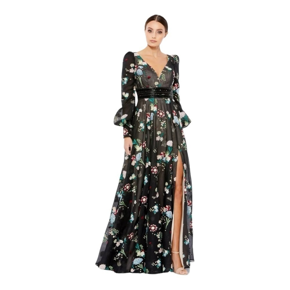 Mac Duggal Embroidered Bishop Sleeve V Neck Flowy Gown Size 10 Nwt